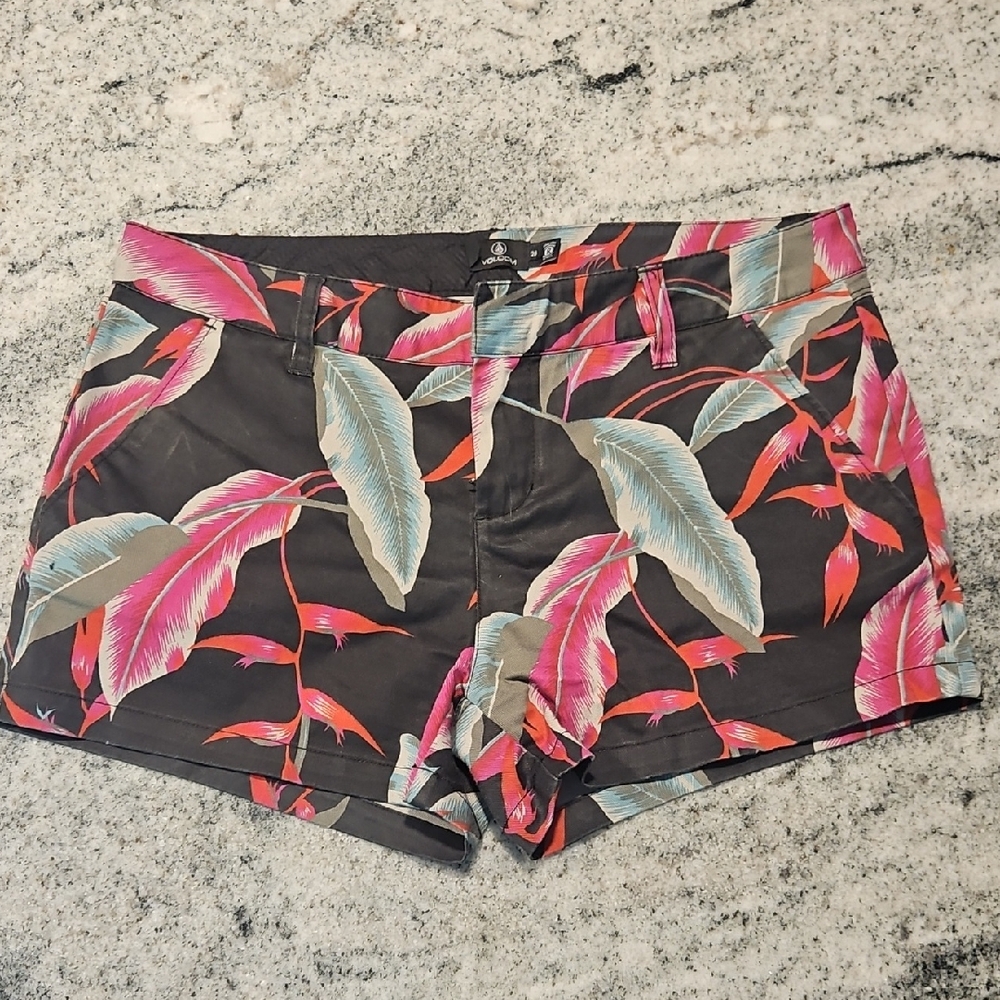Volcom Gray and Pink Shorts with Bold Print